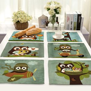 42*32cm Linen Drink Coaster Cartoon Owls Printed Coffee Mug Bottle Mats Rectangle Cup Coaster for Home Dinning Table Decoration