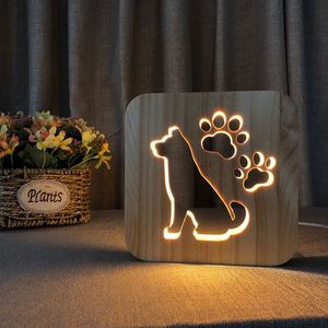 Creative Wood Hollow-Out Dog Lâmpada Quarto Noite Luzes USB Supply LED mesa de mesa da mesa