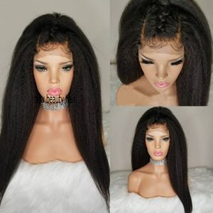 Lace Front Wig Syntetiskt hår Lång Yaki Straight Paryker för svarta kvinnor Naturliga hårlinje Frisyrer Paryk