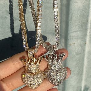 Mäns Crown Heart Necklace Hängsmycke med 4mm Tennis Chain Gold Silver Ice Out Cubic Zircon Hip Hop Rock Smycken