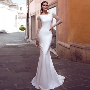 Long Sleeves Slim Simple Mermaid Wedding Dresses Customized Formal Bridal Gowns See Through Back Appliques Lace Long Vestidos De Mariee
