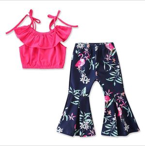 Baby Flamingo Outfit T Shirts Schlaghosen Ins Sommer Kinder Floral Bedruckte Tops Hose Kleidung Sets Kleinkind Sommer Homewear 2 teile/satz LT1296
