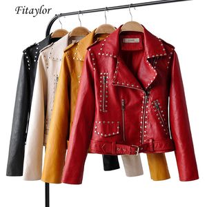 Autumn Women Faux Soft Leather Short Black Punk Jackets Rivet Zipper Epaulet Red Coat Pu Motorcycle Outwear With Belt