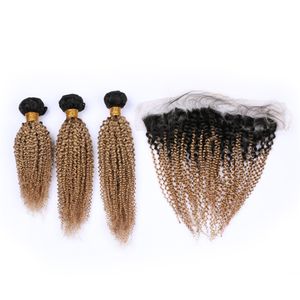 Dark Root #1B/27 Honey Blonde Ombre Indian Virgin Human Hair Weave Bundles with Light Brown Ombre 13x4 Lace Frontal Closure 4Pcs Lot