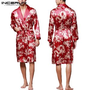 Incerun moda cetim seda pijamas dos homens robe mangas compridas roupão sorte dragão chinês impressão vestido roupão sleepwear lounge11249q