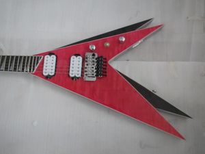 Roman Vinnie Vincent Flying V Double V Chitarra elettrica nera trapuntata rossa, tremolo Floyd Rose, inserto pinna di squalo, retro argento metallizzato