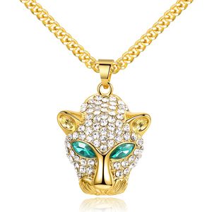 Collane con ciondolo testa di leopardo dagli occhi verdi Hip Hop Collane con strass placcato oro di alta qualità per gioielli moda uomo