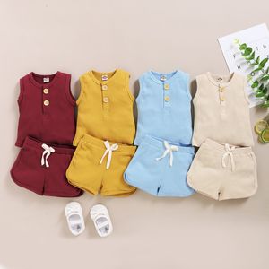 Baby Solid Outfits Spädbarn Knapp Ärmlös Vest Kids Designer Kläder Tjejer Sport kostym Toddler Bomull Elastiska Shorts Kläder Ställer M2083