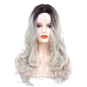 Synthetische Perücken mit Körperwellen, lange natürliche Ombre-Blondine-Perücke für Frauen, silbergrau, gewellt, 61 cm, hitzebeständiges Haar