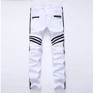 Nowa dziura Białe męskie dżinsy Proste Nowe Marka Denim Dżinsy z zamkami Kontrast Kolor Stripe Męskie Spodnie Slim Plus Rozmiar Spodnie Y19060501