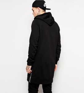 Moda-preto masculino longline hoodies homens velo sólido camisolas moda alta moletom com capuz hip hop zíper lateral streetwear extra longo hiphop