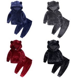 Bebek Giysileri Takım Kış Sıcak Kıyafet Polar Spor Kalınlaşmak Ayı Hoodies Pantolon Takım Elbise Çocuklar Uzun Kollu Çizgili Kazak Setleri YFA724
