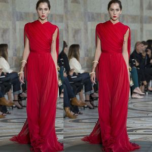 2020 Elie Saab Czerwone Suknie Wieczorowe Ruffles High Neck Szyfonowe Prom Suknie Piętro Długość Runway Dresses
