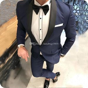 High Quality One Button Navy Blue Groom Tuxedos Shawl Lapel Groomsmen Mens Suits Wedding/Prom/Dinner Blazer (Jacket+Pants+Tie) K346