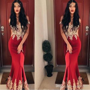 Dark Red African Mermaid Eveing Dresses Off Shoulder Gold Applique Floor Length Dress Evening Wear Party Foraml Dress Vestidos De Fiesta