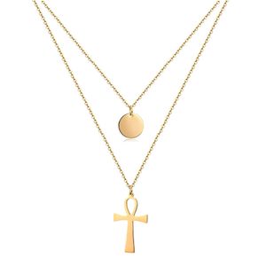 Klassische Designmünze Kreuz ägyptischer Ankh Kreuz Anhänger Halskette Edelstahl Doppelschichtketten Halsketten für Frauen katholischer Schmuck