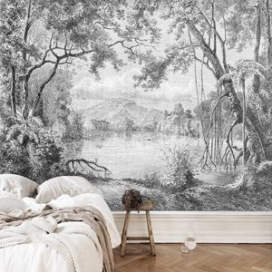 Papel de parede personalizado foto preto e branco Floresta Mural Mão Retro Europeia Pintado Linha Rainforest selva Pintura Papel De Parede