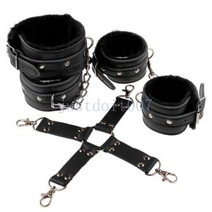 Bondage 5pcs Sexy Fur Leather Wrist Ankle Cuffs Restraint Adult Handcuffs Hog Tie set #R98