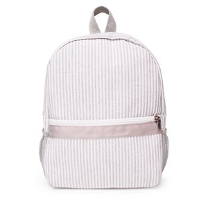 Borsa da scuola di design per bambini Seersucker grigio 25 pezzi / lotto USA Magazzino locale strisce Zaino per bambini in cotone morbido Borsa da libro di lusso con tasche a rete DOMIL106-187