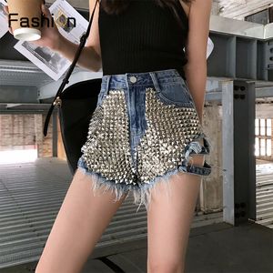 Women Black Rivet Ripped Holes Jeans Shorts Street Wear High Waist Girls Fringe Denim Hot Shorts Ladies Summer Sexy Femme