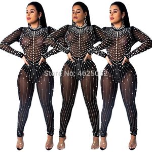 Diamond and Pearl Sheer Mesh Jumpsuit Women Sexy Long Sleeve Night Club Party Romper Female Sheath Outfits Plus Size XL
