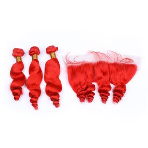 Loose Wave Red Colored Indian Virgin Human Hair Weaves with Frontal Bright Red Human Hair 3Pcs Bundles with Lace Frontal Closure 13x4