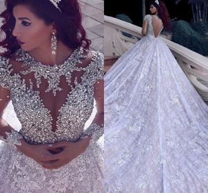 Gorgeous Saudiarabiska Långärmad Bröllopsklänningar Beaded Crystal Bodies Lace Cathedral Tåg Plus Storlek Bröllopklänningar Vestidos de Novia