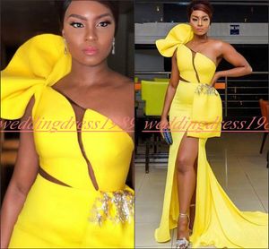 Sexy Yellow Mermaid Split Evening Dresses Party Bow Sequins One Shoulder African Plus Size Pageant Prom Gowns Robe de soirée Formal Wear