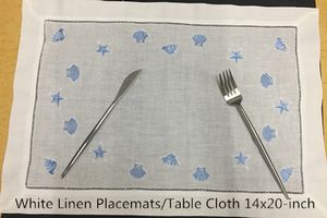 Set mit 12 modischen Tischläufern/Tischsets aus weißem Leinen, blaue Stickerei mit Neptun/Muschel/Muschel für elegantes Mittag- oder Abendessen