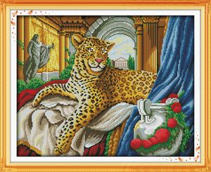 Leopardo dorato, dipinti di decorazioni per la casa di animali nobili, strumenti artigianali a punto croce fatti a mano Ricamo Set di ricamo contato stampa su tela DMC 14CT / 11CT