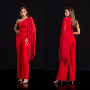 Röd en axel prom klänningar jumpsuits slim ankel längd sjöjungfru skräddarsydda kvällsklänning formella kläder de soirée