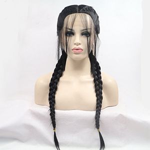 Middle Part Long Double Braids Straight Natural Black Purple Ombre Brown Flätad Syntetisk Ljus Brun Swiss Lace Front Wig med Baby Hair