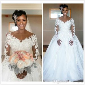 2020 Arabic Vintage Lace Beaded Ball Gown Wedding Dresses African Sheer Neck Long Sleeves Tulle Chapel Train Bridal Dresses Wedding Gowns
