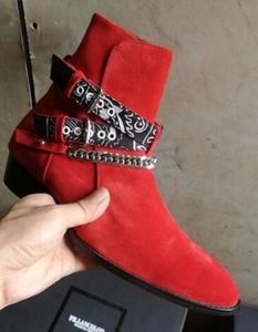 2019 nya mode boot män mocka läder stövlar punkt tå spänne ankel stövlar metall sliver kedjor botas party skor män