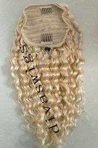 Europejski Remy White Blonde 613 Ponytail Virgin Human Human Hair Extension Pełna naskórka Wyrównane Blond Głębokie Kręcone Włosy Sznurek Ponytail