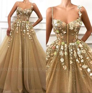 Elegant Spaghetti Straps Tulle A Line Long Prom Dresses 3D Floral Lace Applique Corset Sheer Floor Length Formal Party Evening Dresses BC0684