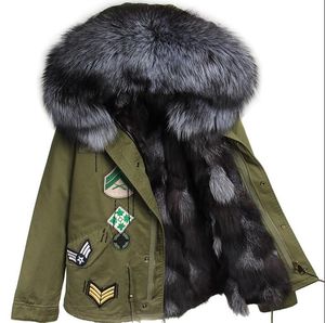 New arrival silver fox fur trim maomaokong brand silver fox fur liner mini army green canvas jackets with Appliques