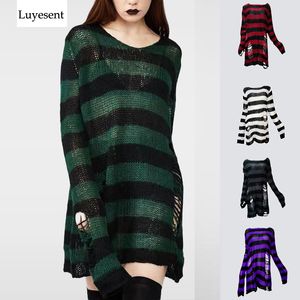 Plus Size Punk Gothic Long Unisex Sweter Sukienka Kobiety Mężczyzna Paski Fajne Hollow Out Hole Broken Jumper Loose Rock Cienki Sweter 2020 T200101