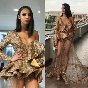 Sparkle Bling Sequined Cocktail Dresses 2019 Ruffles One Shoulder See Through Lace Overskirt Occasion Prom Evening Gowns Custom Made