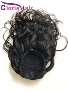 Corpo onda cordão rabo de cavalo para mulheres negras 100% cabelo humano rabo de cavalo malaysian remy clipe em em extensões grossas onduladas rabo pônei