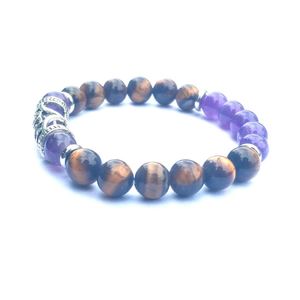 2019 neues Armband für Männer und Frauen, 8 mm, Amethyst-Tigerauge-Stein, mit langem Silberring, Handgelenkschmuck