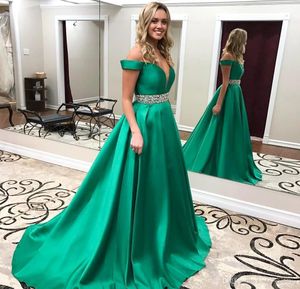 2019 av axeln Prom Klänning Grön Satin Backless Lång Formell Holidays Wear Graduation Evening Party Gown Custom Made Plus Size