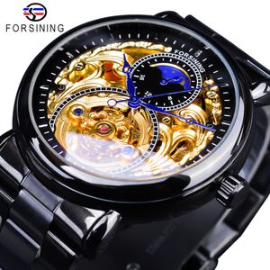 Forsining classico orologio dorato nero acciaio inossidabile nero moda lancette blu design orologi automatici da uomo Horloges Mannen