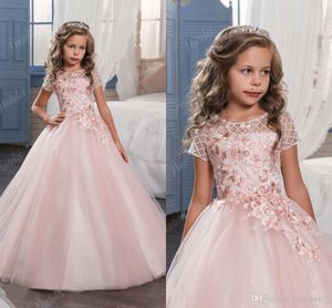 핑크 꽃 여자 결혼식을위한 드레스 보석 목 환상 3D 꽃 레이스 아플리케 반팔 생일 어린이 소녀 미인 가운