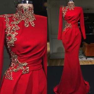 Classy Red Mermaid Beaded Evening Dresses High Neck Long Sleeves Prom Gowns Floor Length Satin Plus Size Formal Dress