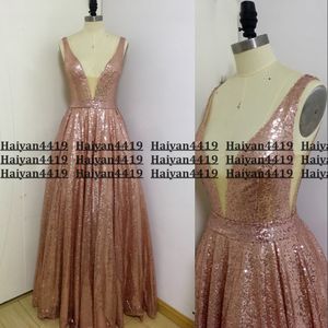 Verklig bild Ny Bling Sexig Rose Gold Ball -klänning Paljetter Afrikanska aftonklänningar bär paljett V Neck Keyhole Formal Prom Dress Party klänningar