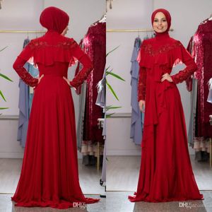Muslimsk röd kväll klänningar hög nacke långa ärmar ruffle chiffon prom klänning spets appliqued pärlstav formella festklänningar