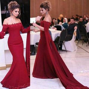 Dark Red Mermaid Evening Dresses With Sleeve Wrap Off Shoulder Floor Length Saudi Arabic Party Pageant Celebrity Gown Discount prom dress