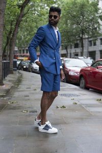 Nuovi abiti da uomo blu personalizzati estivi con pantaloni corti da spiaggia skinny smoking da uomo 2 pezzi Terno Business Summer Wear (giacca + pantaloni) 663