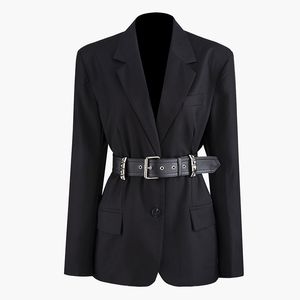 Шипованная талия Пряжка с длинными рукавами женский однобортный сплошной цвет тонкая куртка модельер карман нагрудные 2019